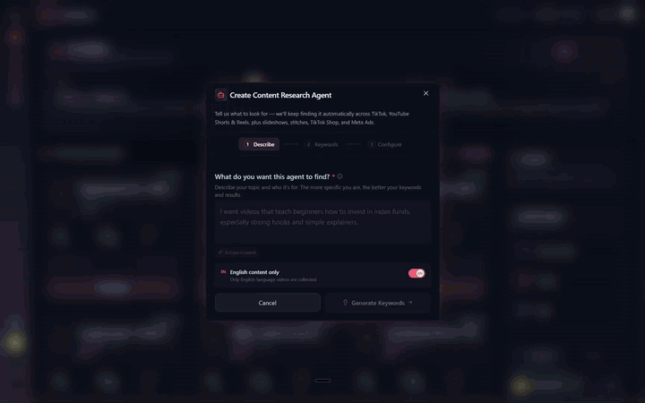 Jev running inside Virlo's content research agent, sped up