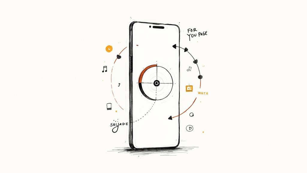A person scrolling on TikTok, with various video icons floating around the phone.