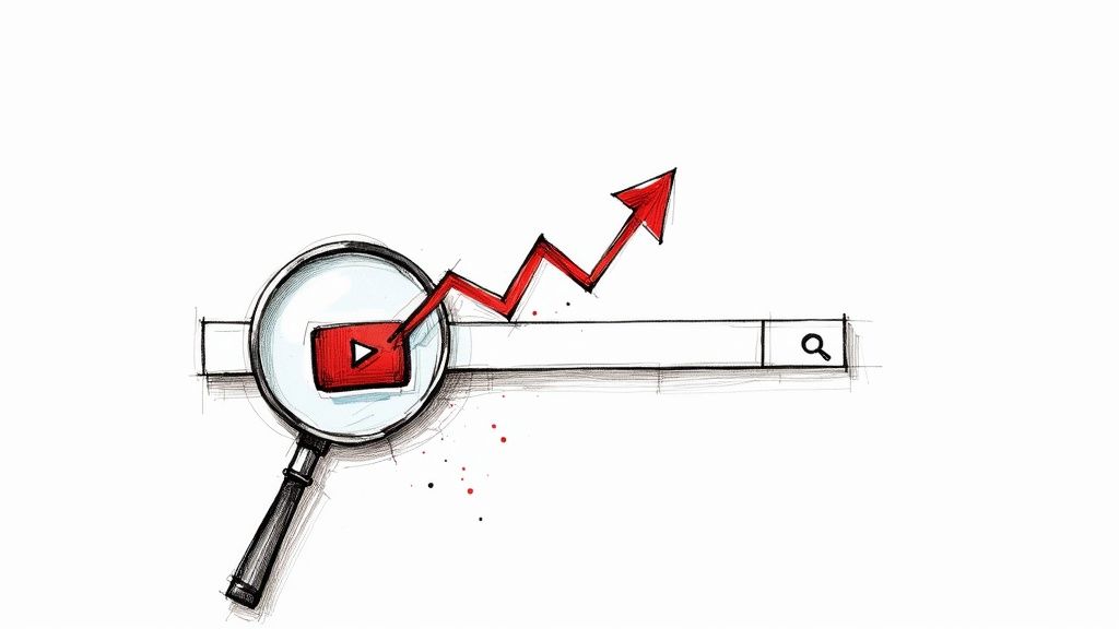 An SEO infographic showing a video being optimized with keywords, tags, and a compelling thumbnail for YouTube.
