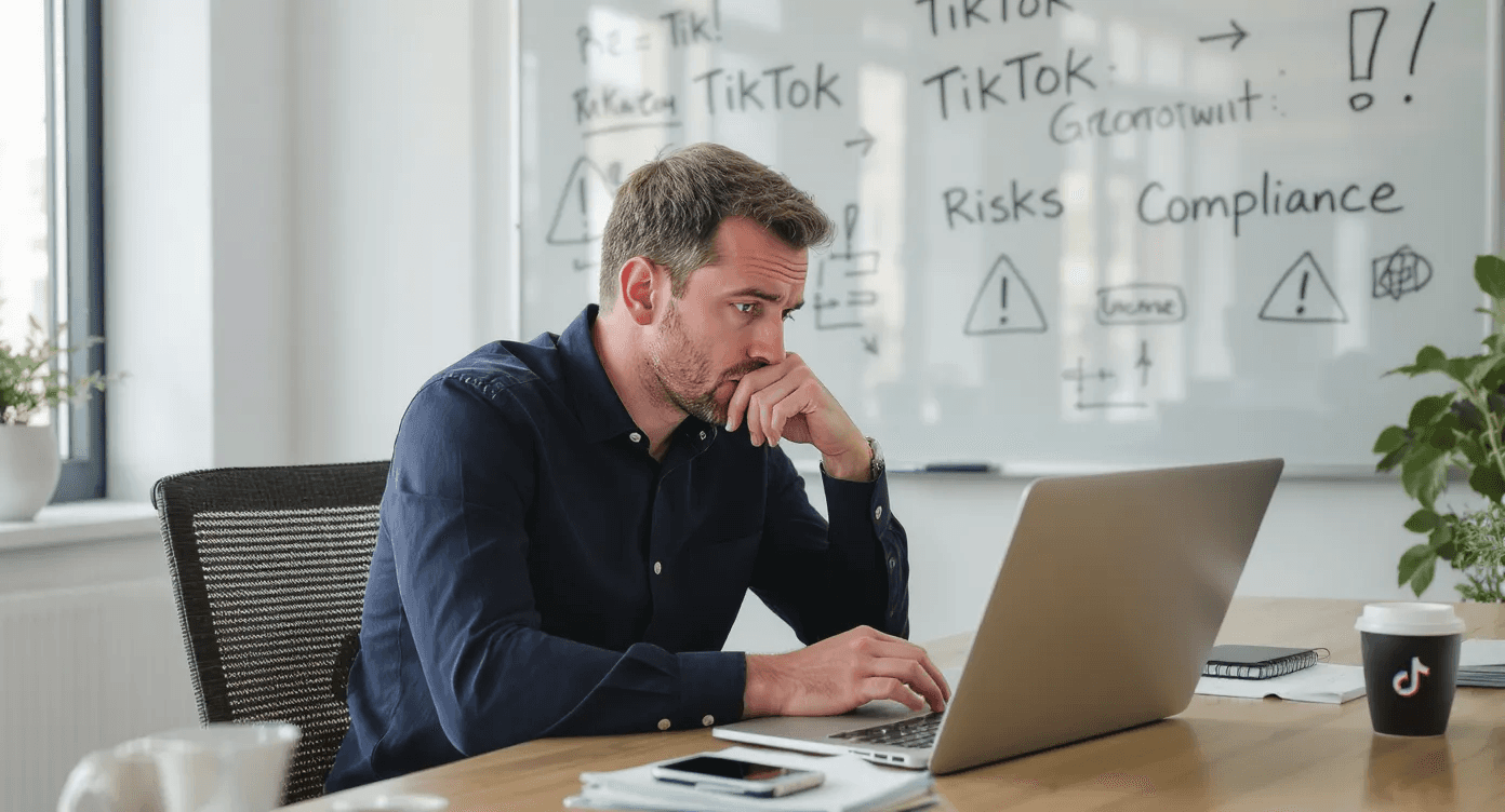 Man researches TikTok compliance risks - Tiktok Shop Requirements