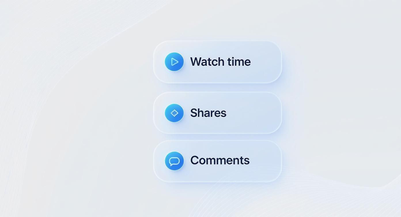Infographic showing the key engagement signals for viral videos: Watch Time, Shares, and Comments