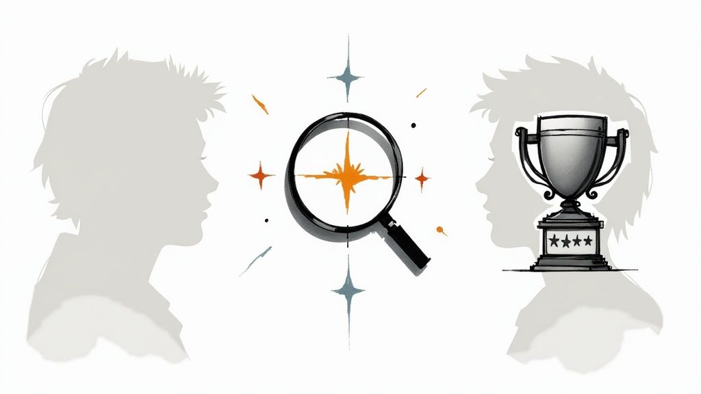 A magnifying glass hovering over audience and competitor icons on a digital screen, symbolizing analysis.