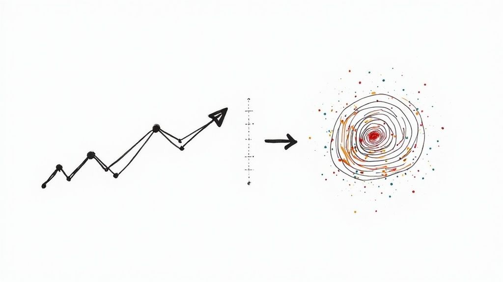 A creator's smartphone showing a trend graph overlaid on a video, symbolizing data-driven creativity.