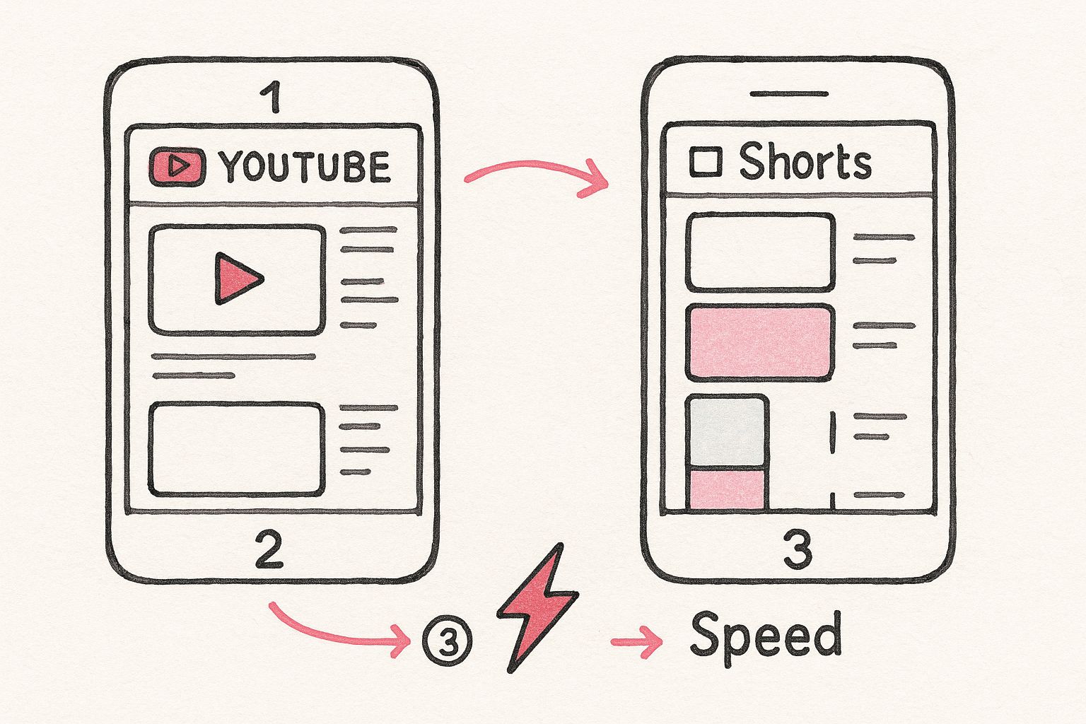 Infographic comparing the traditional YouTube layout to the fast-paced, vertical YouTube Shorts feed.