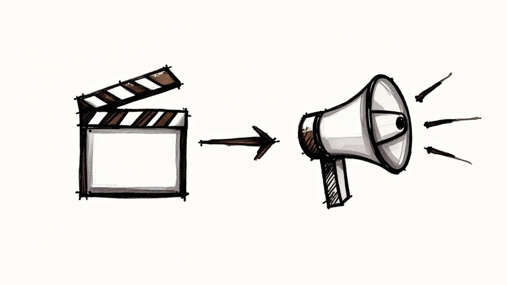 A person sitting at a desk with a laptop, looking at social media analytics on the screen, with digital icons floating around.