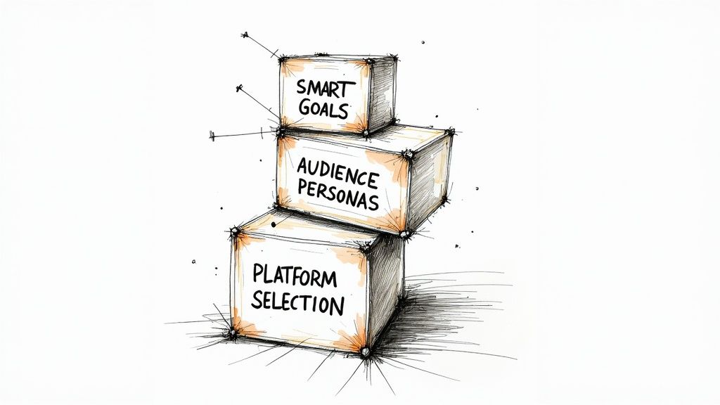 A person placing wooden blocks with icons for goals, audience, platform, and message in a structured line.