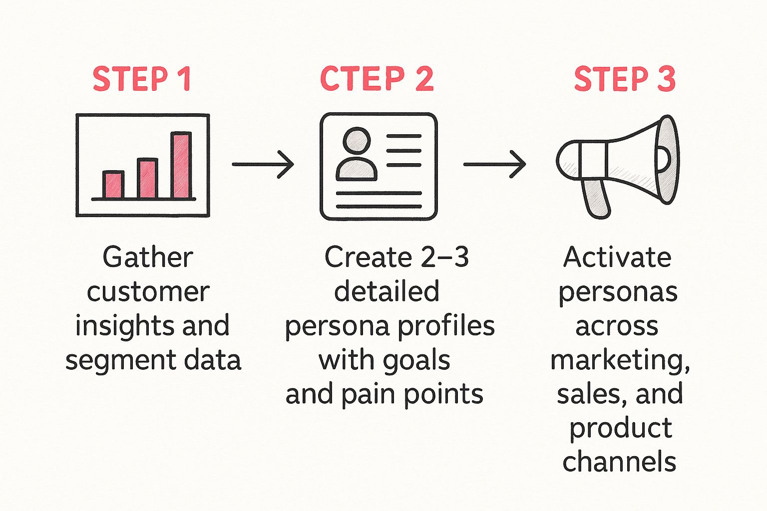 Infographic showing the three-step process to build customer personas: Gather data, create profiles, and activate across channels.