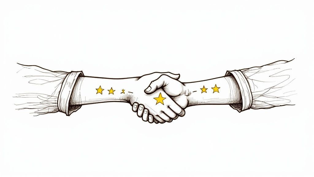 Two people shaking hands over a table with laptops and coffee.