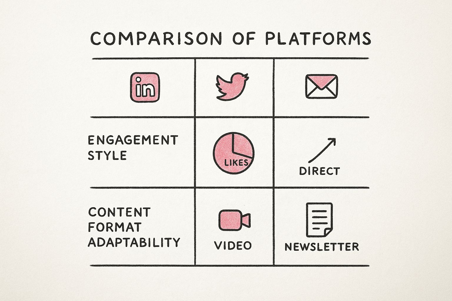 Infographic comparing LinkedIn, Twitter, and Email for content format and engagement style.