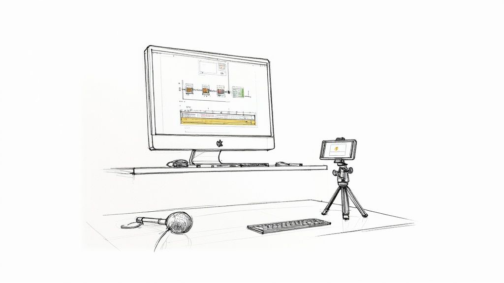 A person editing a video on a laptop, with a vertical video timeline visible on the screen.