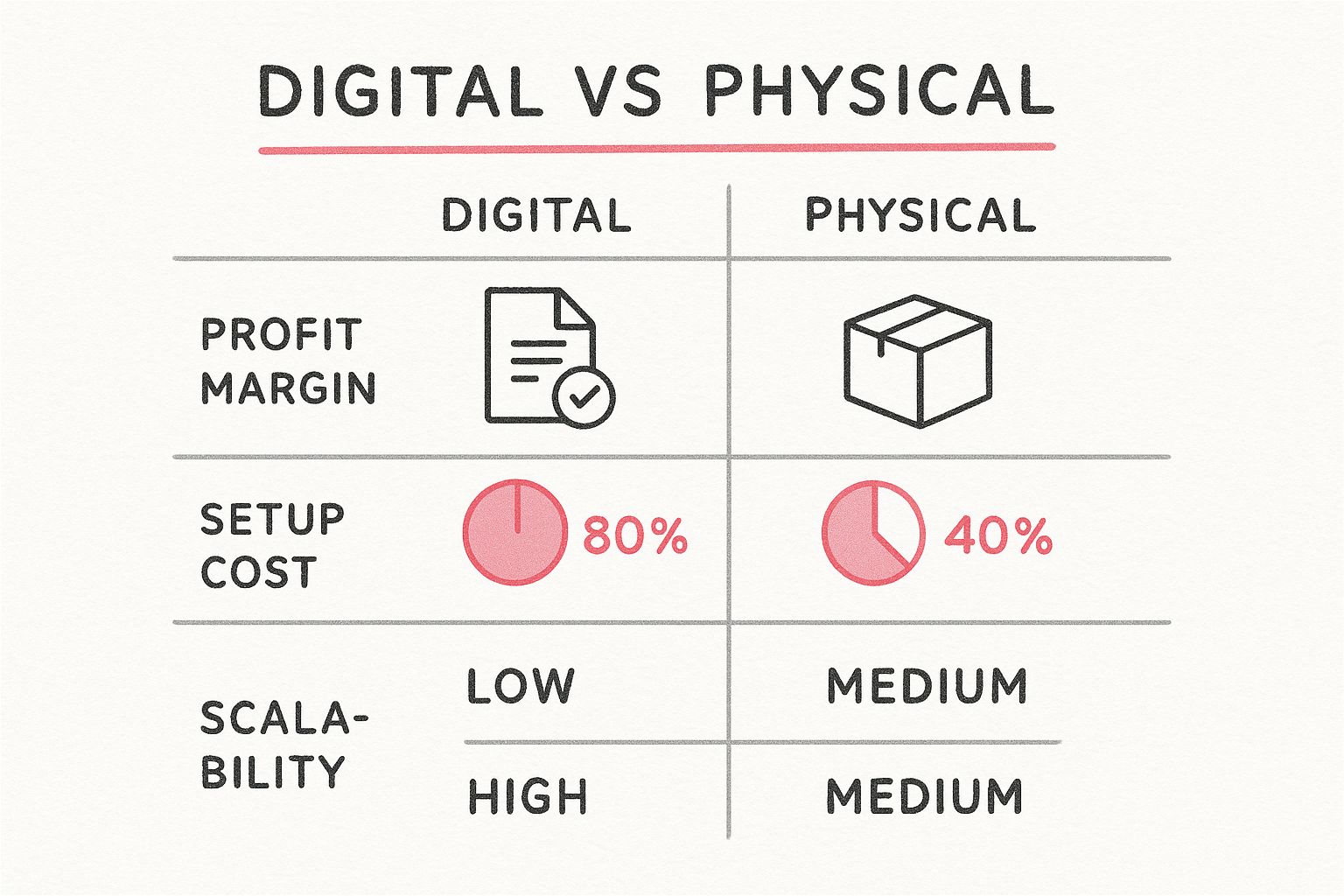 An infographic comparing Digital vs. Physical products based on Profit Margin, Setup Cost, and Scalability.