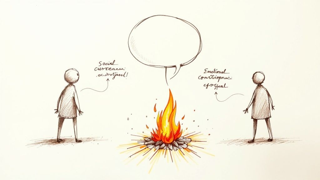 A group of friends laughing while watching a video on a smartphone, representing the social nature of sharing.