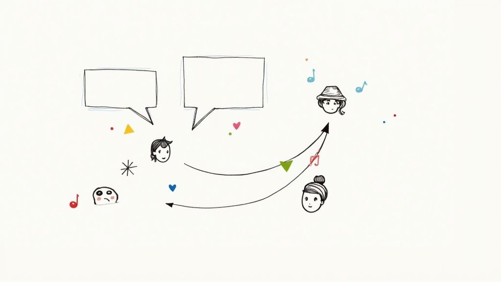 Two people interacting with a giant glowing TikTok comment icon