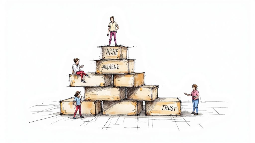 A person working on a laptop with social media icons floating around them.