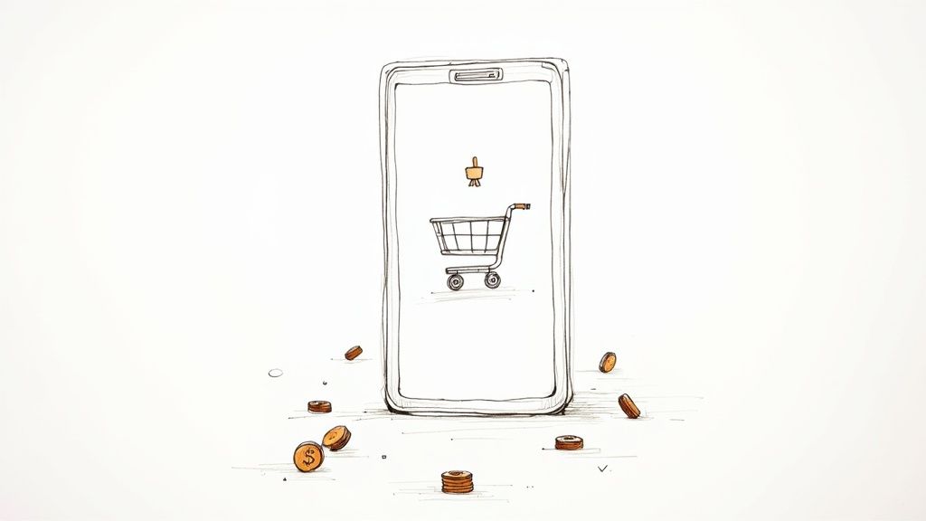 A person holding a phone showing a shopping cart, with product icons and dollar signs around it.