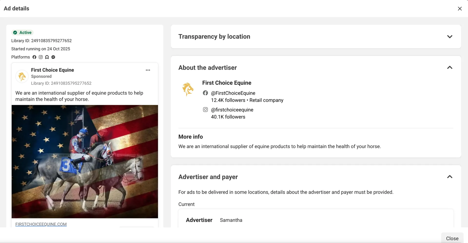 ad details and link to landing page on ad library
