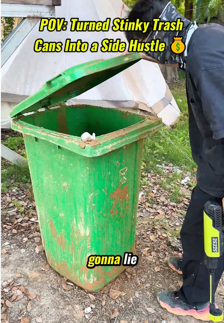 cleaning trash cans with a cordless pressure washer as a side hustle from @w1989405w28