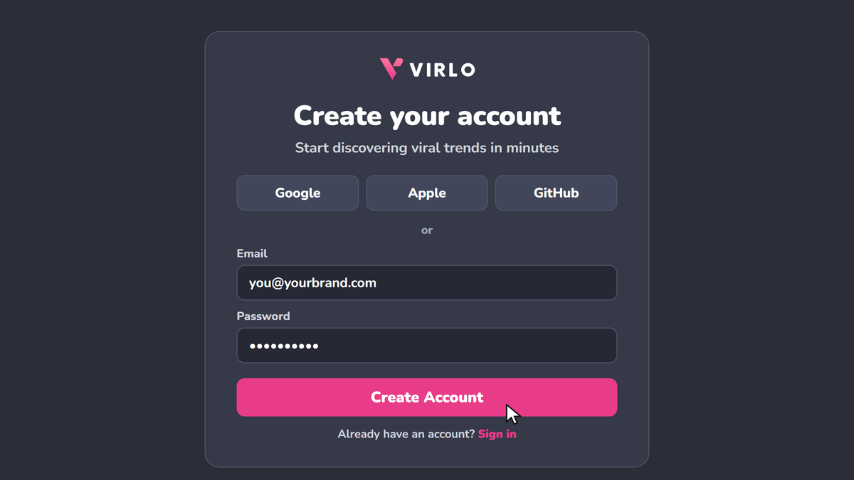 Create your account on app.virlo.ai: sign up with Google, Apple, GitHub or email